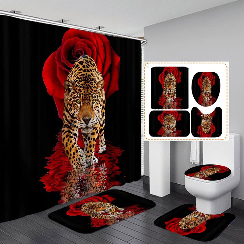 jieprom 4PCS Red Rose and Leopard Shower Curtain Set with Rugs  Toilet Lid Cover and Bath Mat  Animal Shower Curtain with 12 Hooks  Complete Bathroom Decor Set - Image 1
